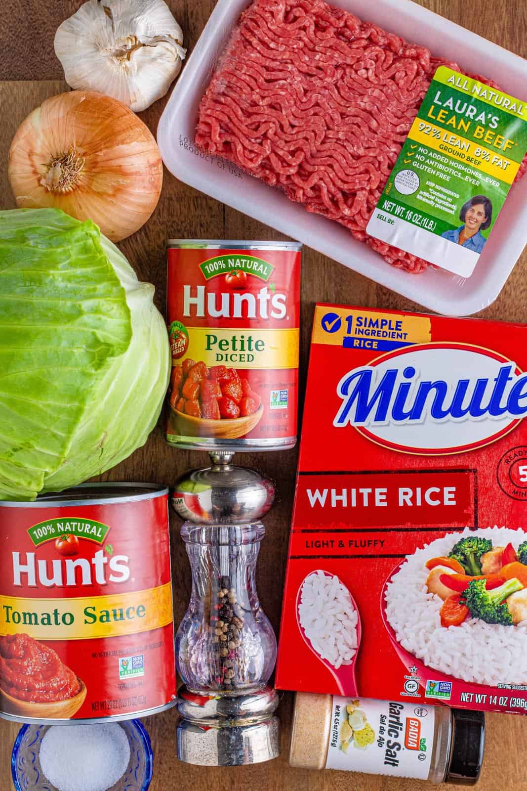 ground beef, minute rice, petite diced tomatoes, tomato sauce, cabbage, ground beef, onion and garlic.